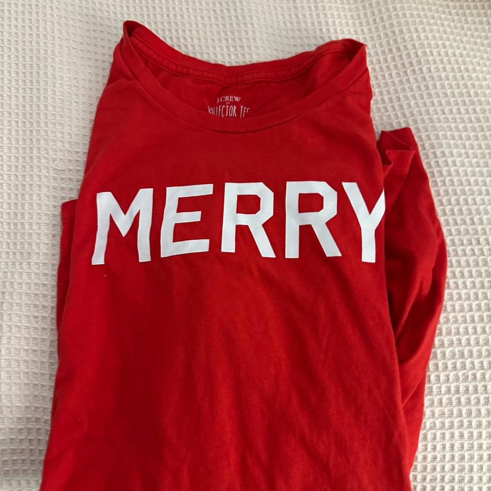 J. Crew Factory Red 'Merry' Christmas Holiday Long Sleeve Tee - Picture 2 of 3